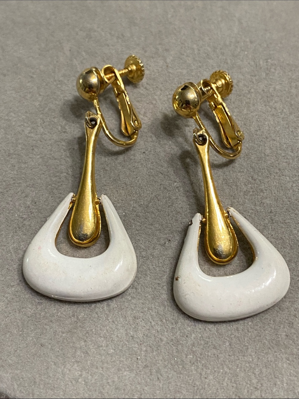Gold-Tone Screw Back Earrings with White Enamel Accents